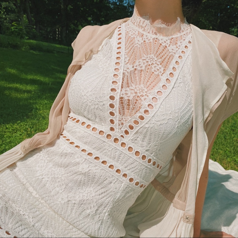 white lace dress open back high neck